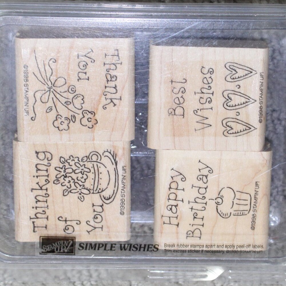 NWOT Stampin' Up! Simple Wishes Wooden Rubber Stamp Set of 4 (Complete ) Mounted